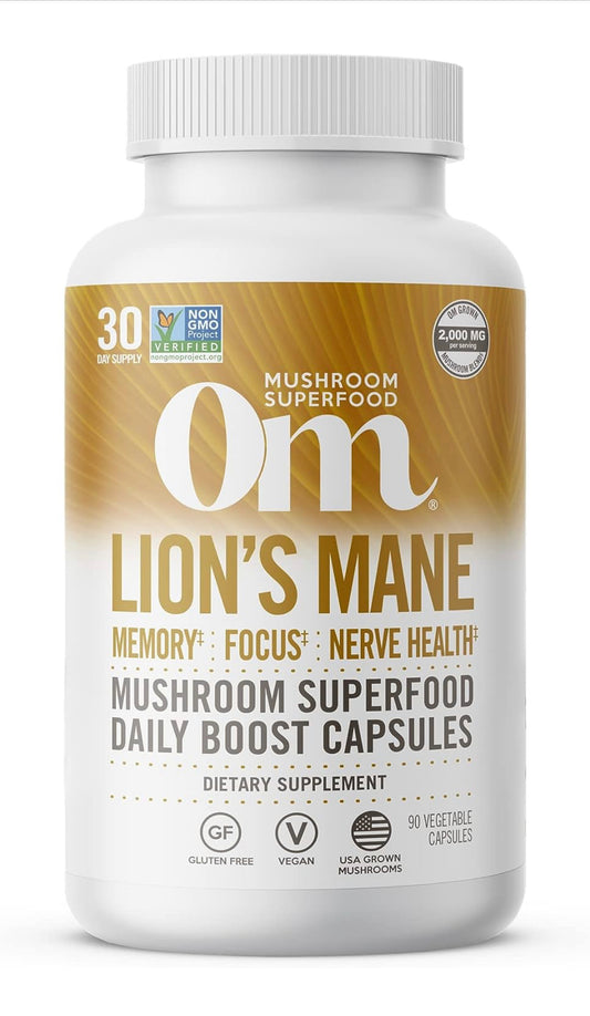Om Mushroom Superfood Lion's Mane Mushroom Capsules Superfood Supplement, 90 capsulas 30 días Melena de León