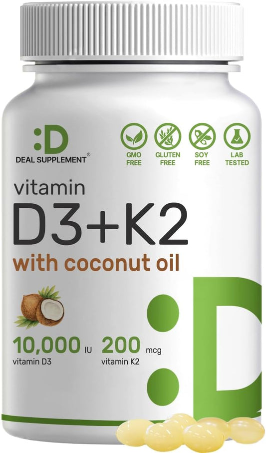 Vitamin D3 10,000 IU + K2 MK7 200 mcg, Infused with Virgin Coconut Oil, 250 Softgels