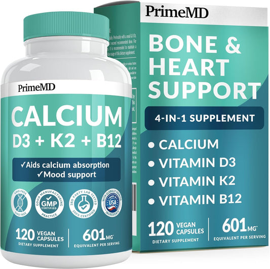 4-in-1 Calcium 600 mg with Vitamin D3 K2 B12 - Vitamin D3 K2 5000 IU Supplement for Heart,