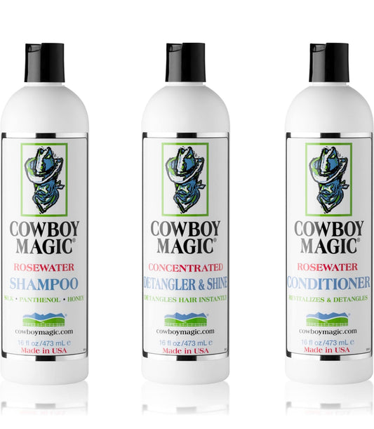 Cowboy Magic Shampoo + Conditioner + Detangler & Shine 16 Ounce each With Silk Panthenol and Honey