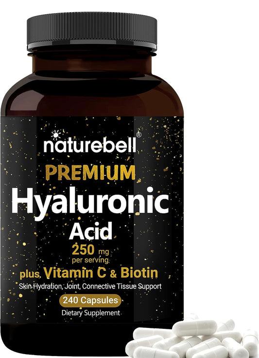 NatureBell Hyaluronic Acid Supplements 250mg 240 cápsulas, con biotina 5000 mcg y vitamina C 25 mg