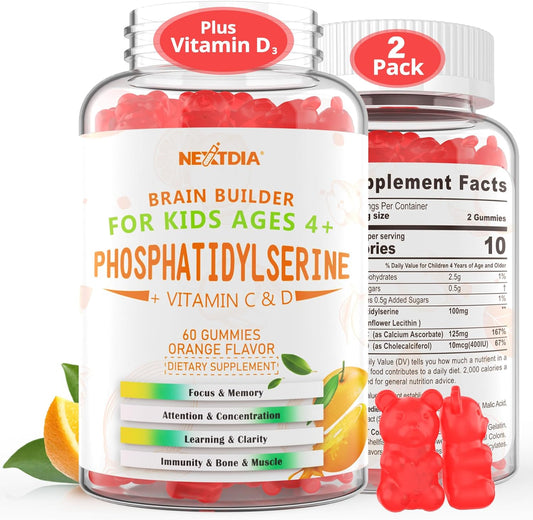 PhosphatidylSerine 100mg Gummies for Kids, PS Supplement with Vitamin C & D, Brain Booster