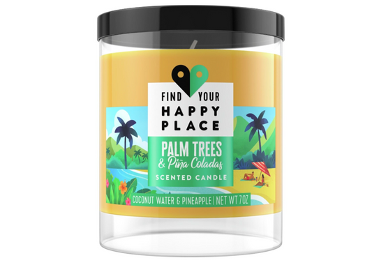 Find Your Happy Place Scented Vela aromatica Jar Candle Palm Trees & Pina Coladas 7 oz
