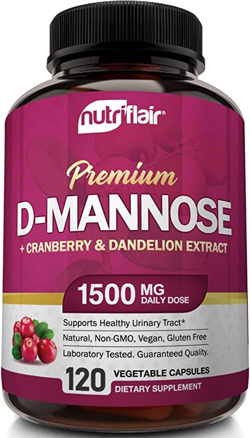 NutriFlair D-Mannose 1200mg, 120 Capsules - with Cranberry and Dandelion Extract - Natural