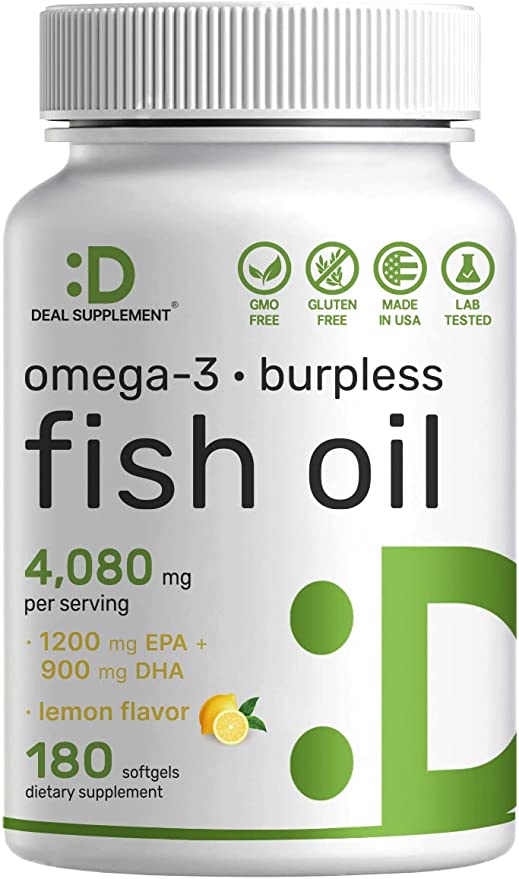 Omega 3 Fish Oil Supplements 4080mg, 180 Softgels | Burpless, Lemon Flavor - EPA 1,200mg +