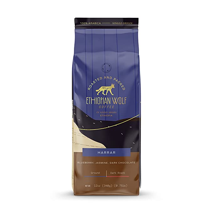 Ethiopian Wolf Coffee Single Origin Harrar, Dark Roast Ground Coffee,