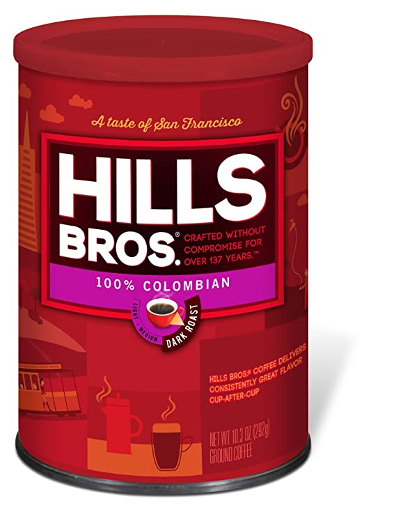 Hills Bros Coffee, 100% Colombian Ground Coffee, Dark Roast, 10.3 Oz.
