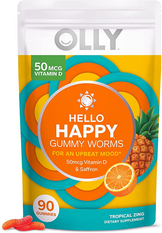 OLLY Hello Happy Gummy Worms, Mood Balance Support, Vitamin D, Saffron, Adult Chewable Sup