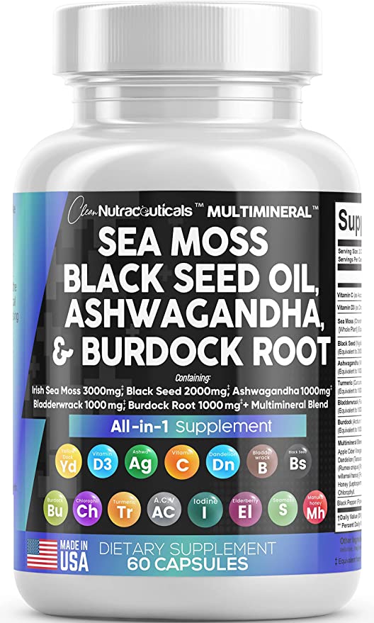 Sea Moss 3000mg Black Seed Oil 2000mg Ashwagandha 1000mg Turmeric 1000mg Bladderwrack 1000