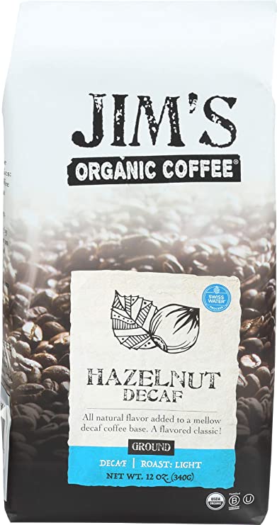 Jims Organic Coffee, Coffee Hazelnut Decaf Ground, 12 Ounce