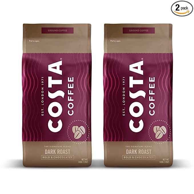 Costa Coffee Ground Coffee, Dark Roast, 2 bags (12oz each), Rainforest